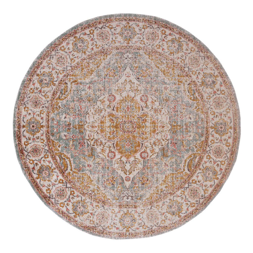 6' Blue and Orange Round Oriental Power Loom Distressed Area Rug