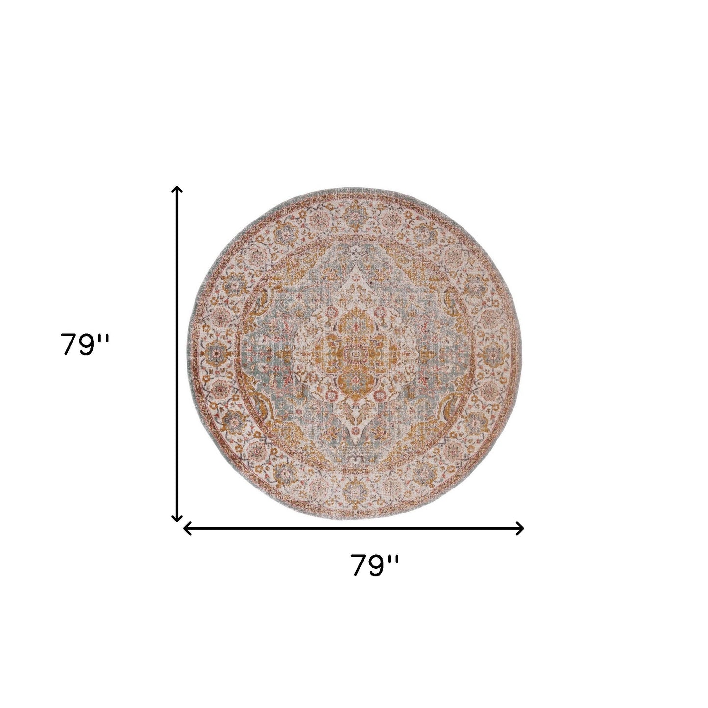 6' Blue and Orange Round Oriental Power Loom Distressed Area Rug