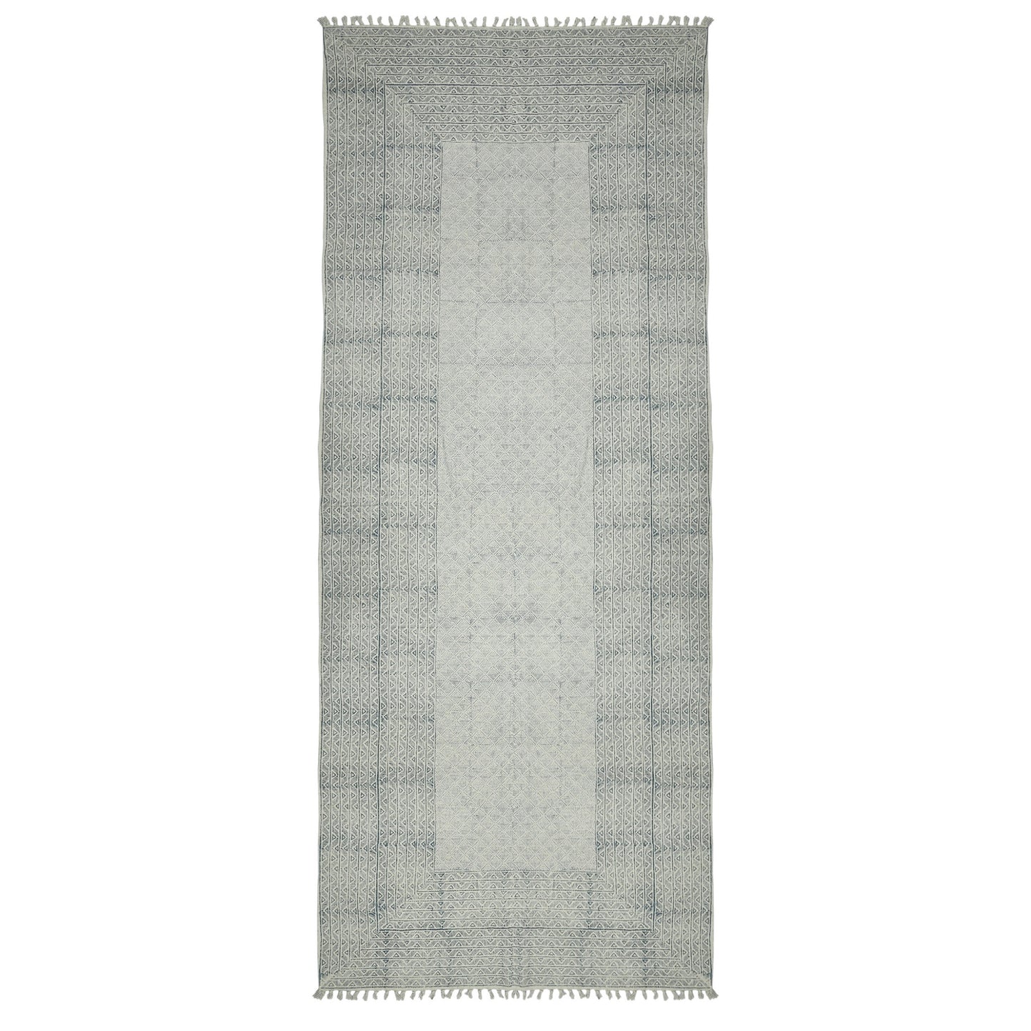 8' Blue Geometric Flatweave Handmade Distressed Runner Rug With Fringe