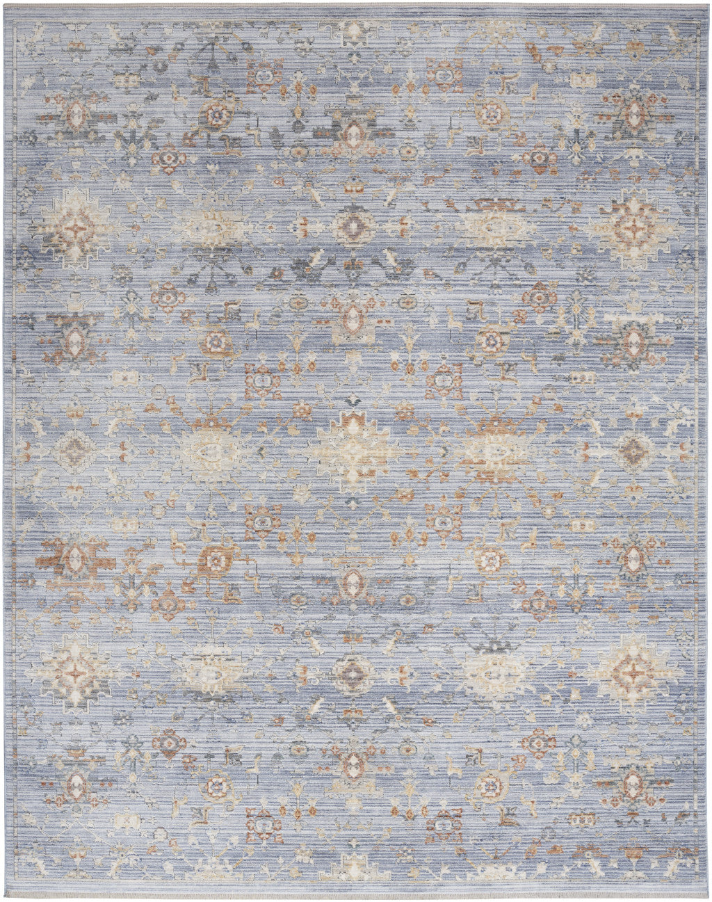 8' x 10' Blue and Ivory Oriental Power Loom Distressed Area Rug With Fringe