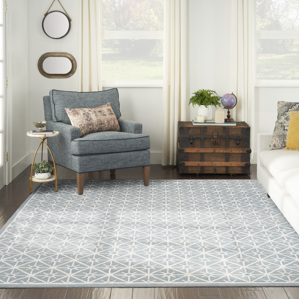 8' x 10' Light Blue and White Geometric Hand Tufted Area Rug