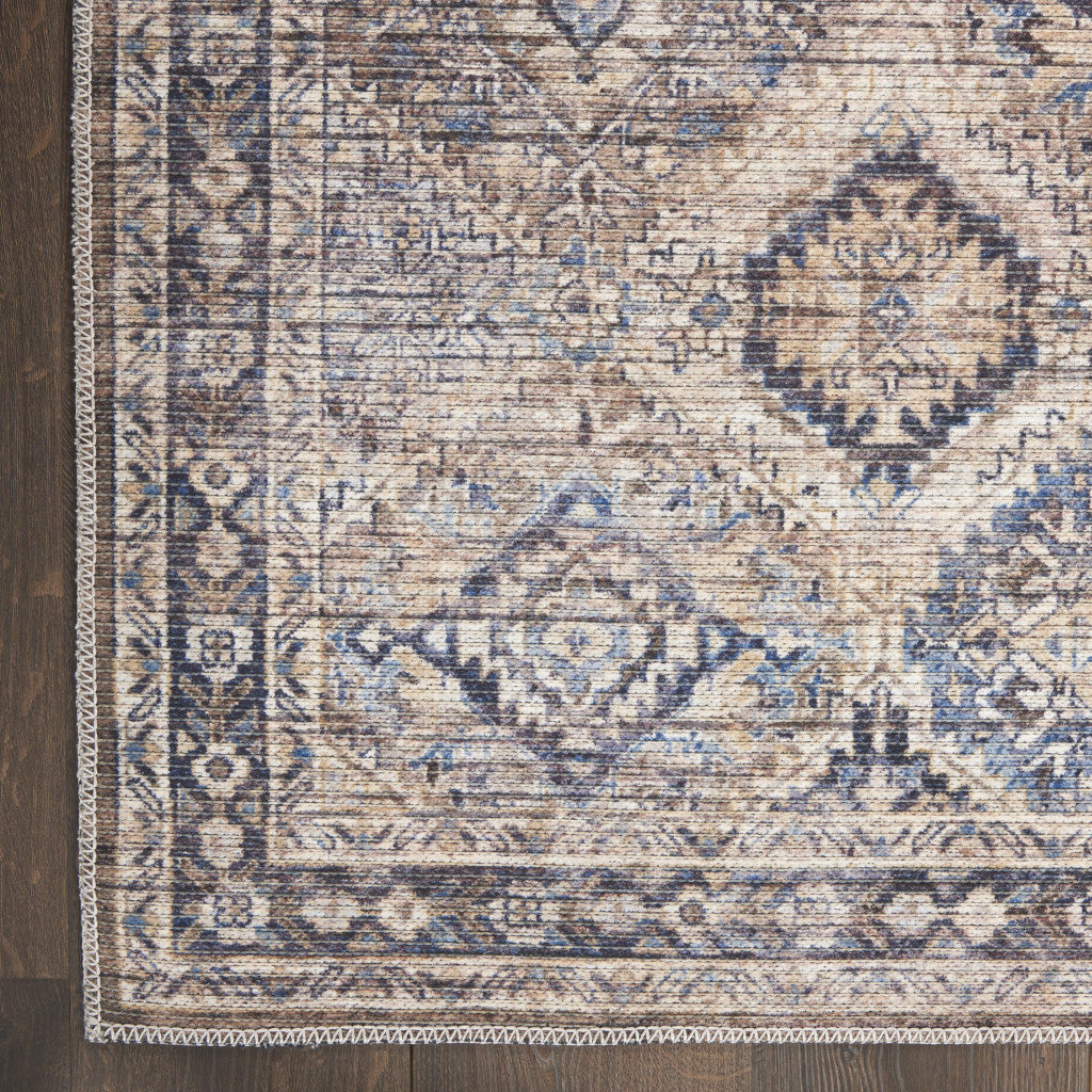 8' Ivory and Tan Floral Power Loom Distressed Washable Runner Rug