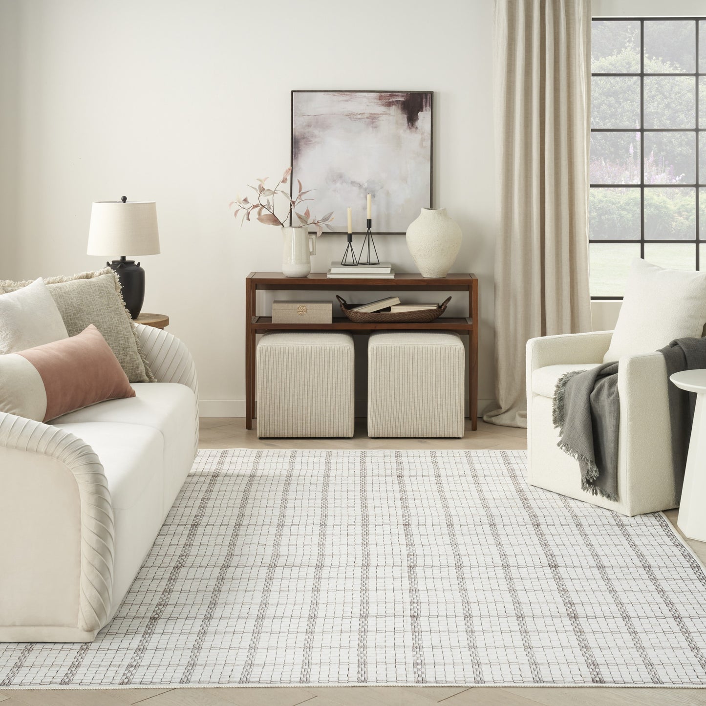 5' x 7' Ivory and Gray Geometric Power Loom Washable Non Skid Area Rug