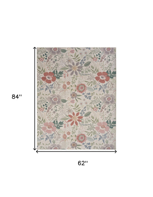 5' x 7' Ivory Green and Red Floral Power Loom Washable Non Skid Area Rug