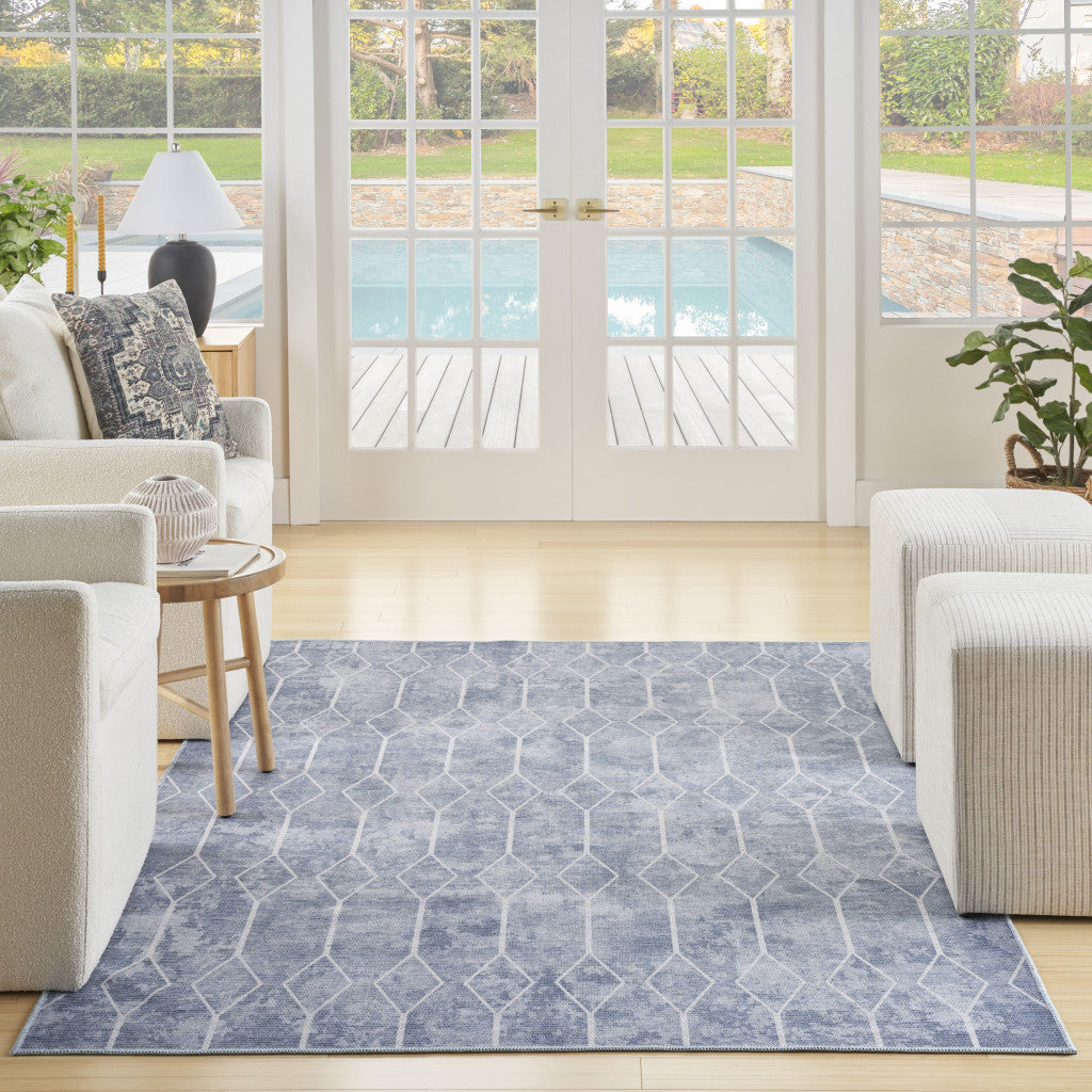 8' x 10' Blue and Off White Geometric Power Loom Washable Area Rug