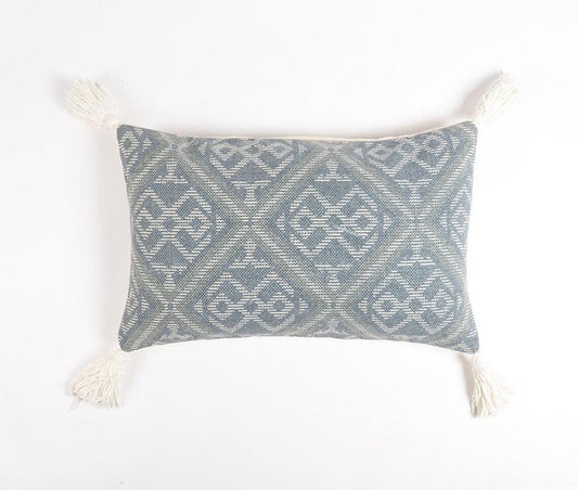 15" x 26" Blue and White Geometric Cotton Pillow Cover With Tassels