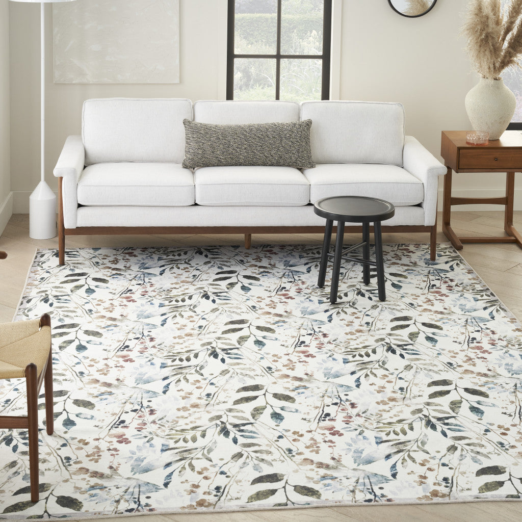 6' x 9' Ivory Green and Red Floral Power Loom Washable Non Skid Area Rug