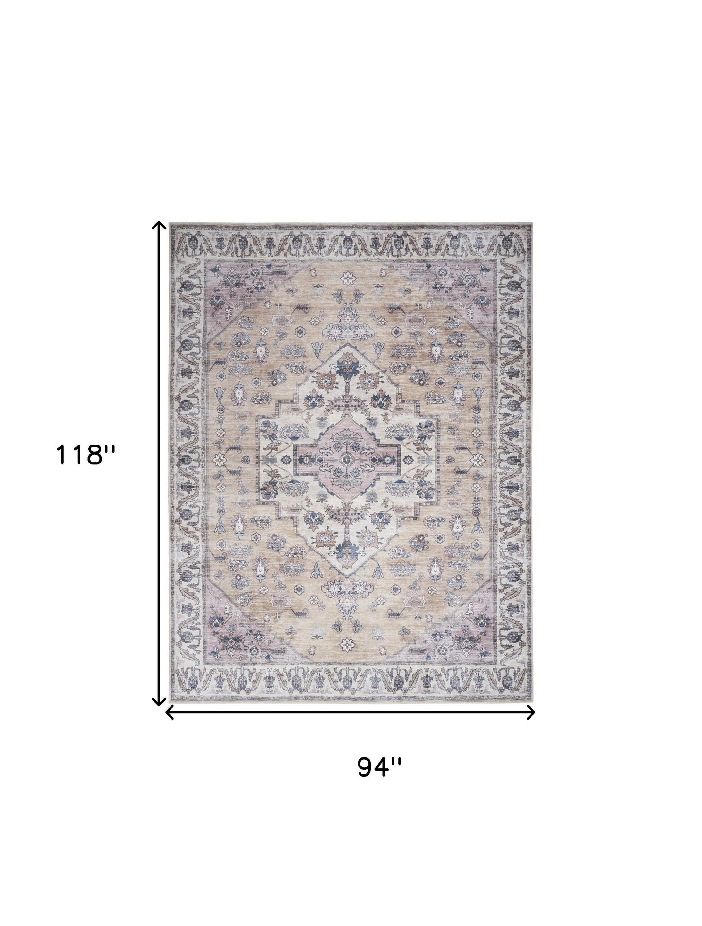 8' x 10' Beige and Gray Oriental Power Loom Distressed Washable Non Skid Area Rug