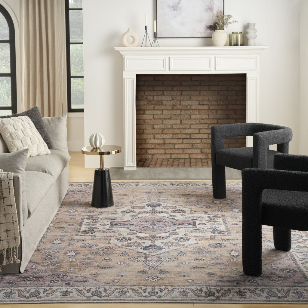 8' x 10' Beige and Gray Oriental Power Loom Distressed Washable Non Skid Area Rug