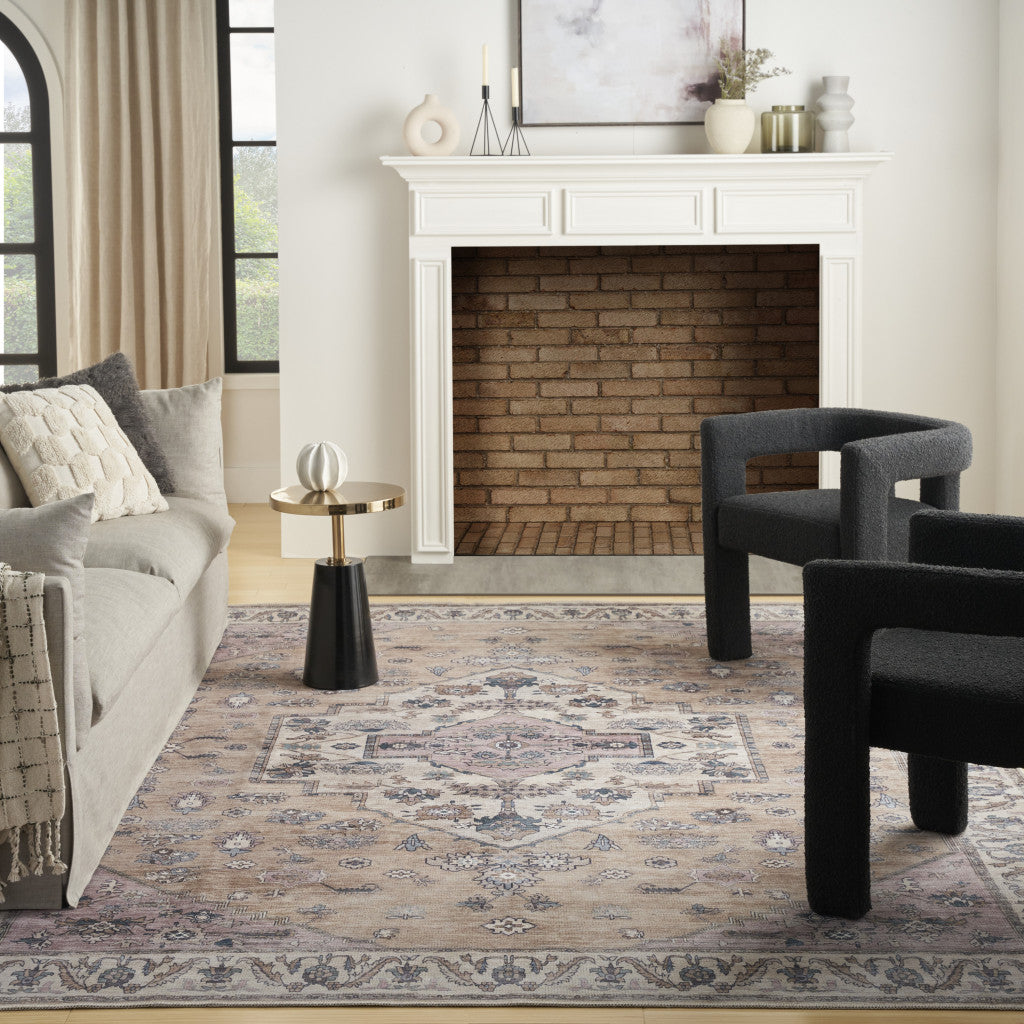 8' x 10' Beige and Gray Oriental Power Loom Distressed Washable Non Skid Area Rug