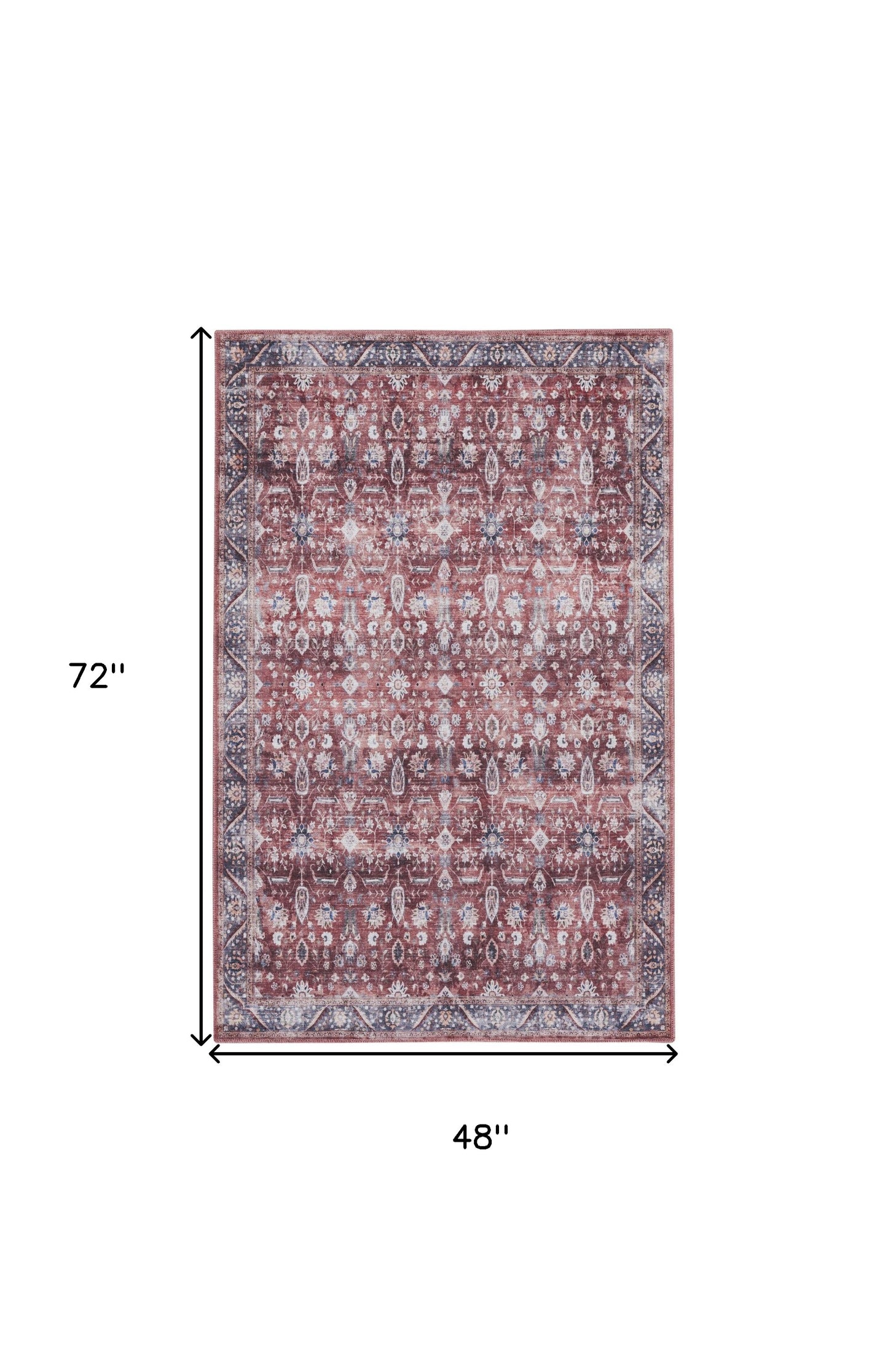 4' x 6' Red and Ivory Oriental Power Loom Distressed Washable Non Skid Area Rug