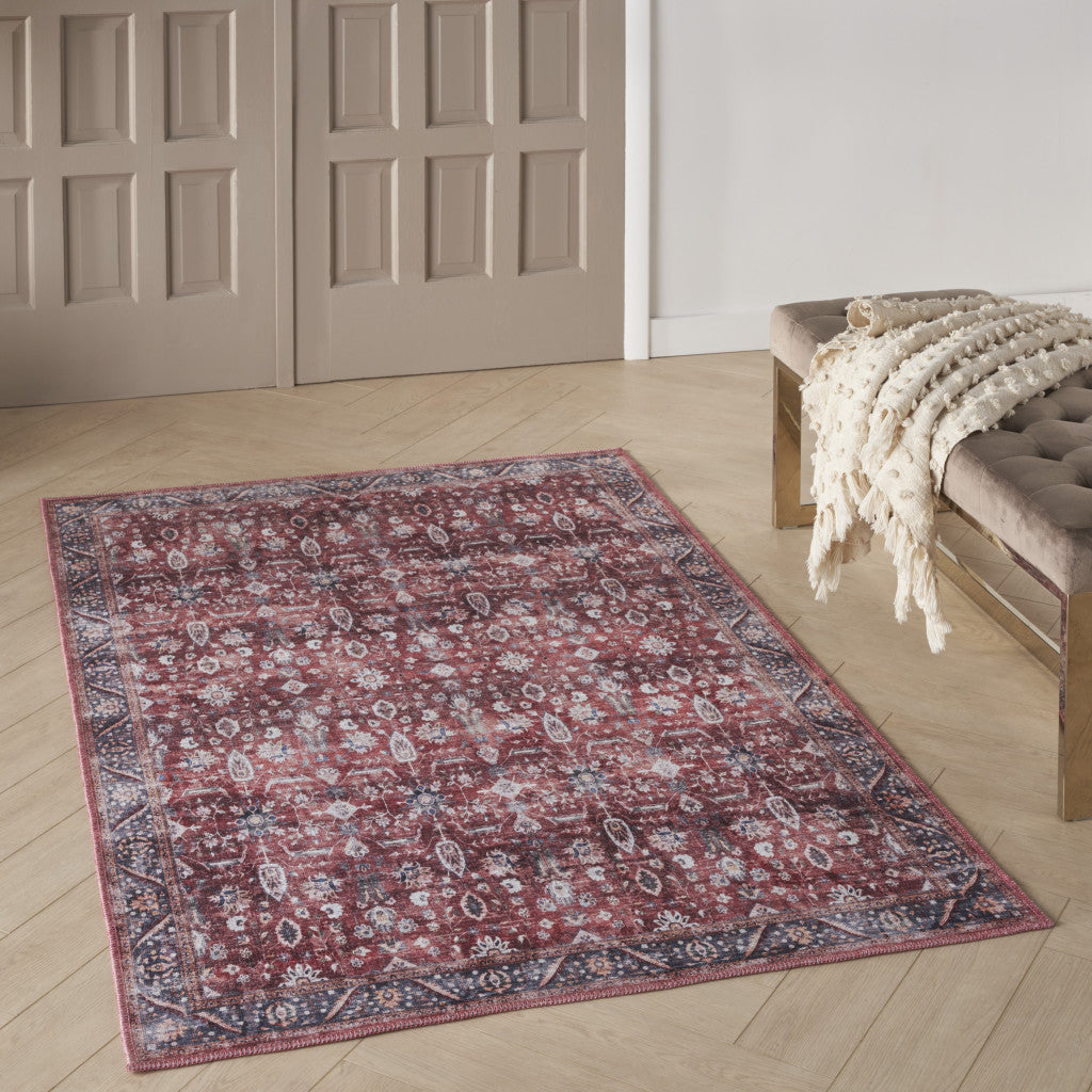 4' x 6' Red and Ivory Oriental Power Loom Distressed Washable Non Skid Area Rug