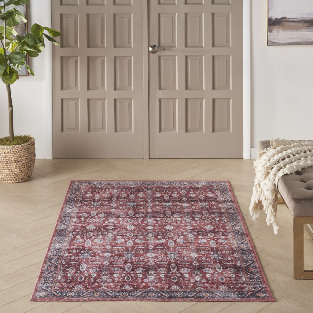 4' x 6' Red and Ivory Oriental Power Loom Distressed Washable Non Skid Area Rug