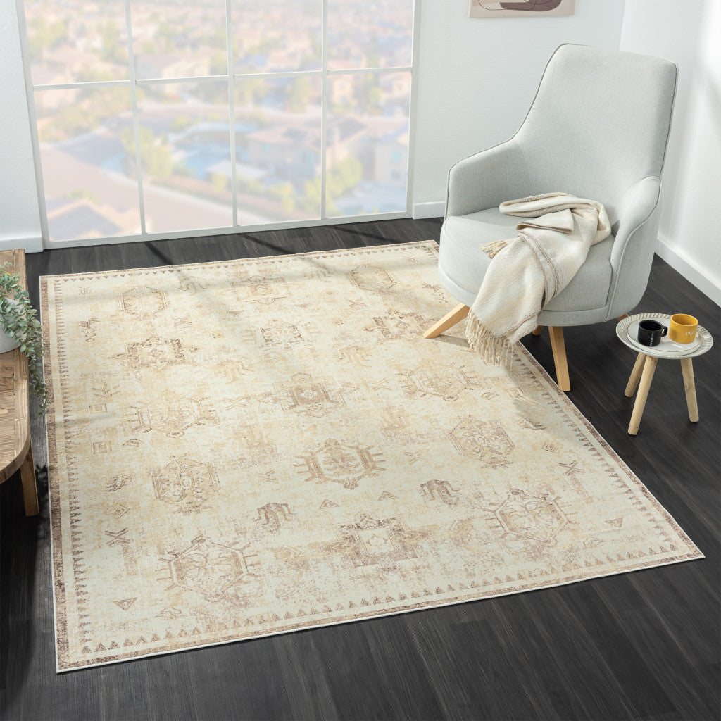 2' x 3' Beige Abstract Washable Non Skid Area Rug