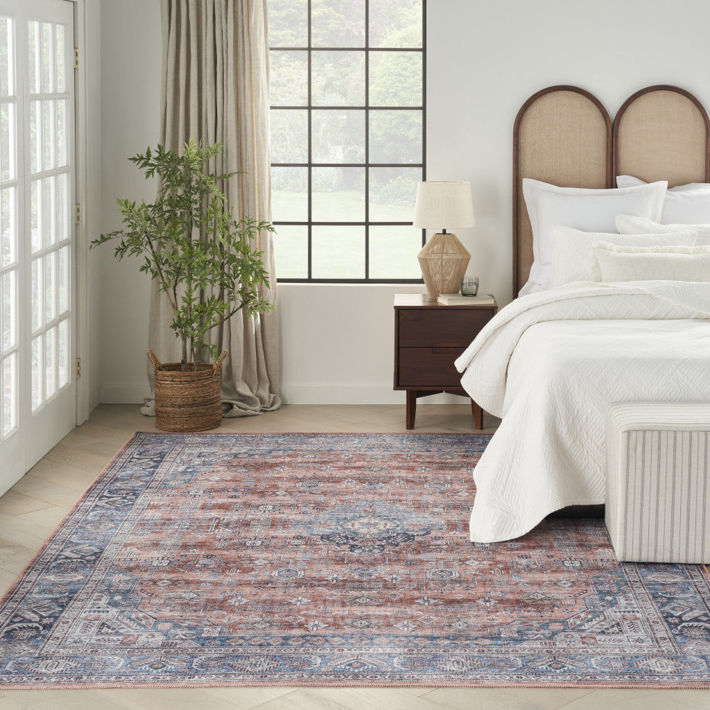 8' x 10' Blue and Red Oriental Power Loom Distressed Washable Non Skid Area Rug