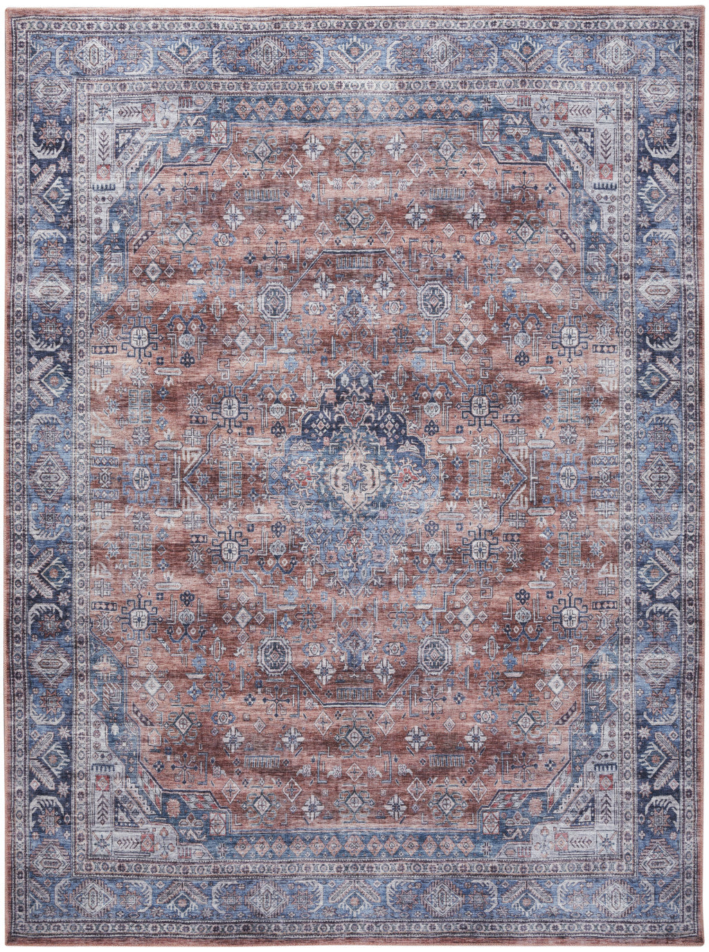 8' x 10' Blue and Red Oriental Power Loom Distressed Washable Non Skid Area Rug