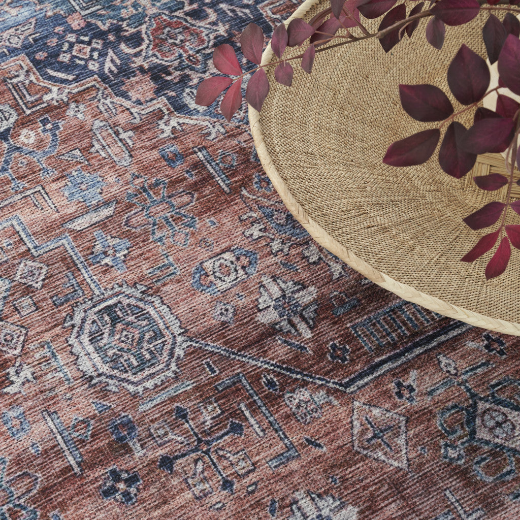 8' x 10' Blue and Red Oriental Power Loom Distressed Washable Non Skid Area Rug