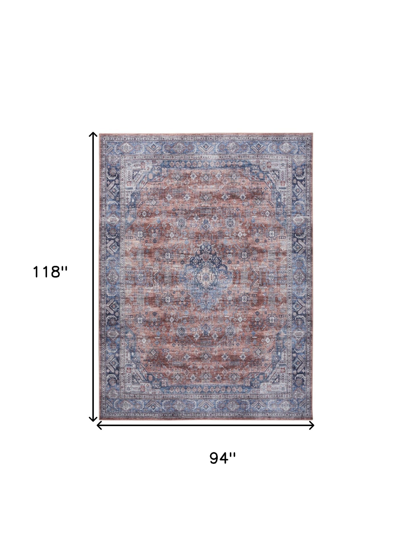 8' x 10' Blue and Red Oriental Power Loom Distressed Washable Non Skid Area Rug