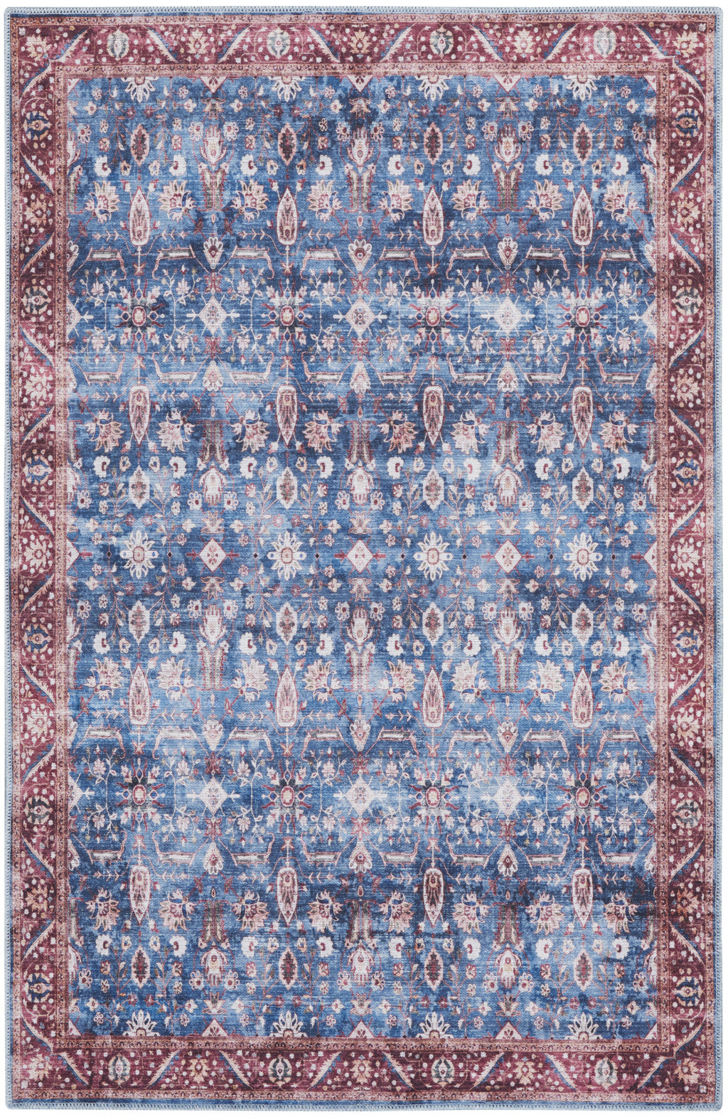 4' x 6' Blue and Red Oriental Power Loom Distressed Washable Non Skid Area Rug