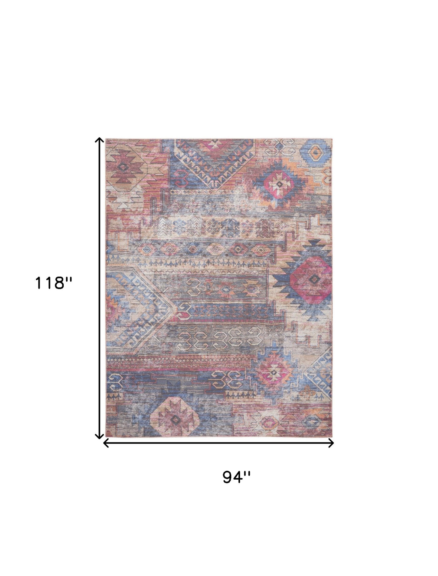 8' x 10' Blue and Red Geometric Power Loom Distressed Washable Area Rug