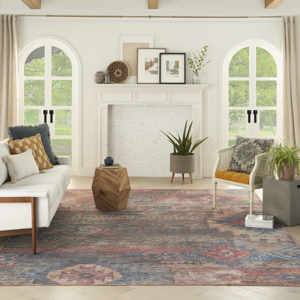 8' x 10' Blue and Red Geometric Power Loom Distressed Washable Area Rug