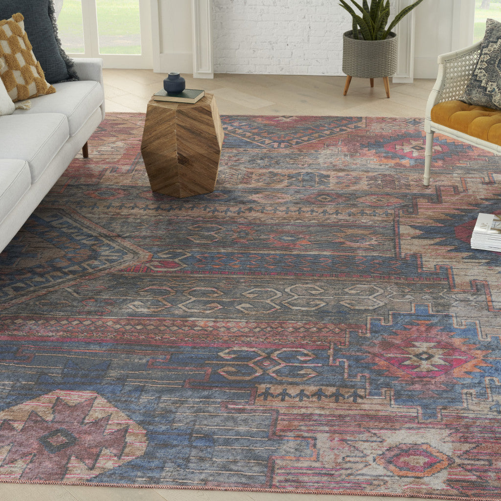 8' x 10' Blue and Red Geometric Power Loom Distressed Washable Area Rug