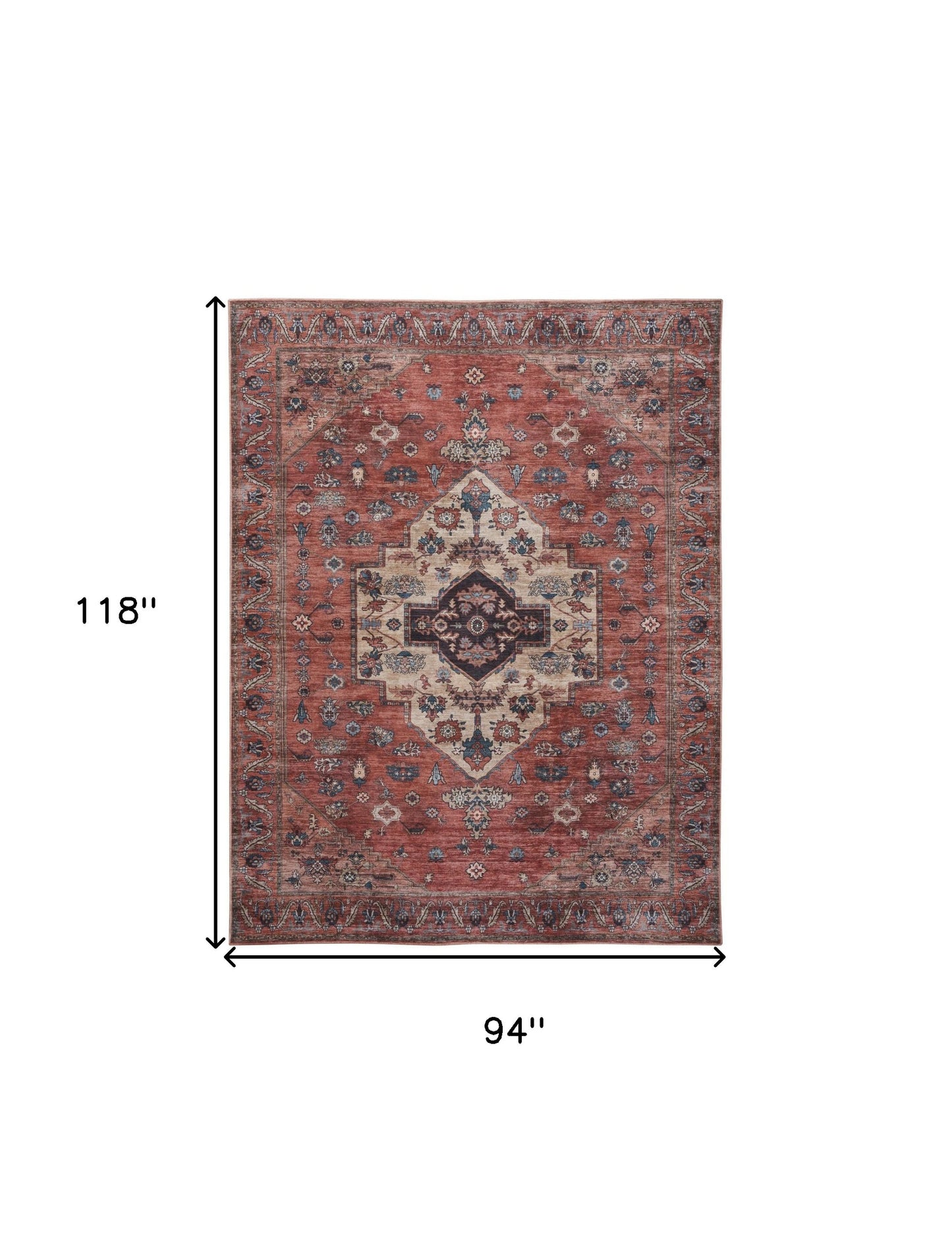 8' x 10' Blue and Red Oriental Power Loom Distressed Washable Non Skid Area Rug