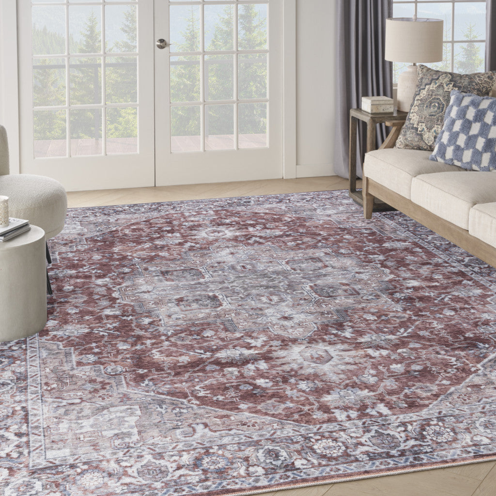 9' x 12' Red and Ivory Floral Power Loom Distressed Washable Area Rug