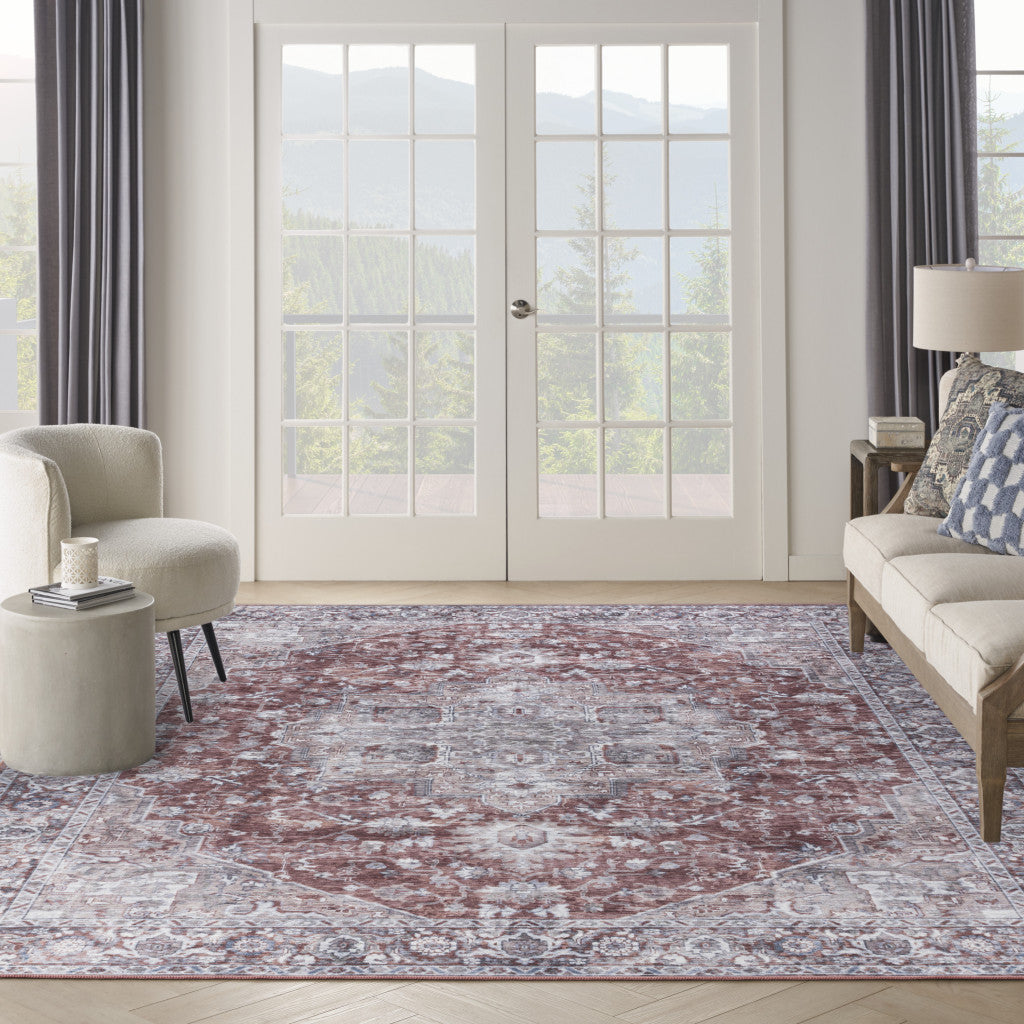 9' x 12' Red and Ivory Floral Power Loom Distressed Washable Area Rug