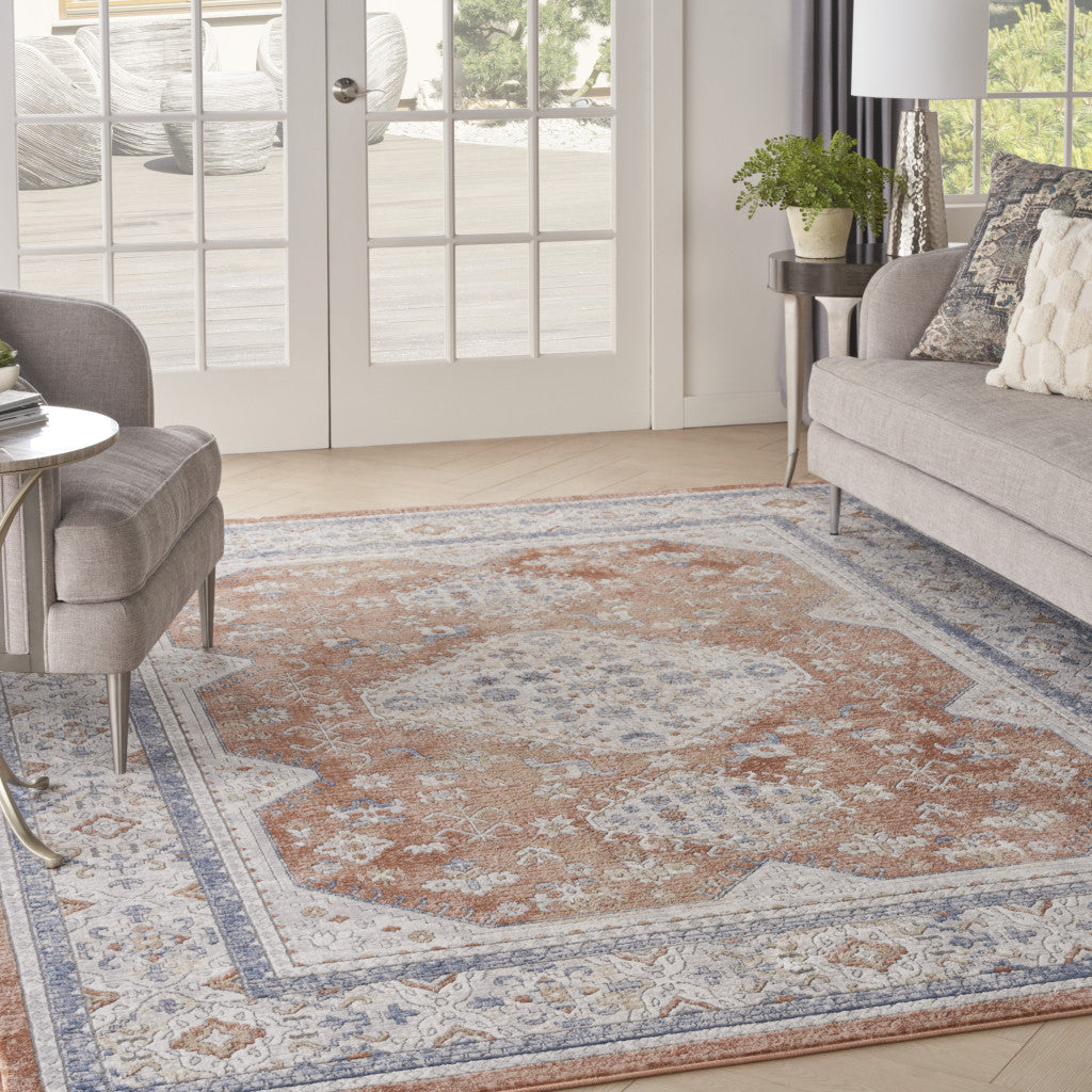 9' x 12' Blue and Beige Oriental Power Loom Area Rug