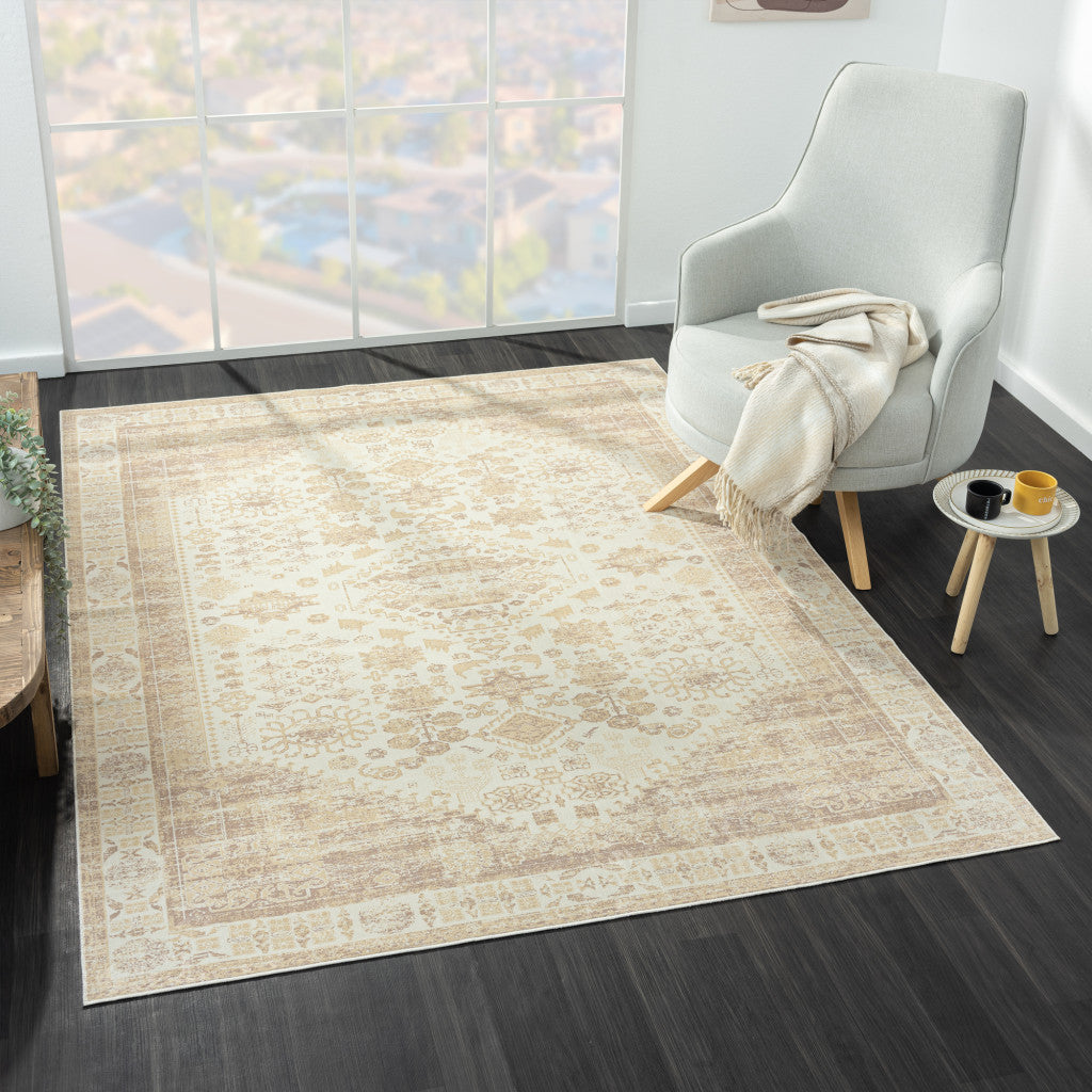2' x 3' Beige Abstract Washable Non Skid Area Rug