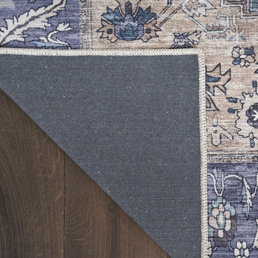 4' x 6' Blue and Beige Oriental Power Loom Distressed Washable Non Skid Area Rug
