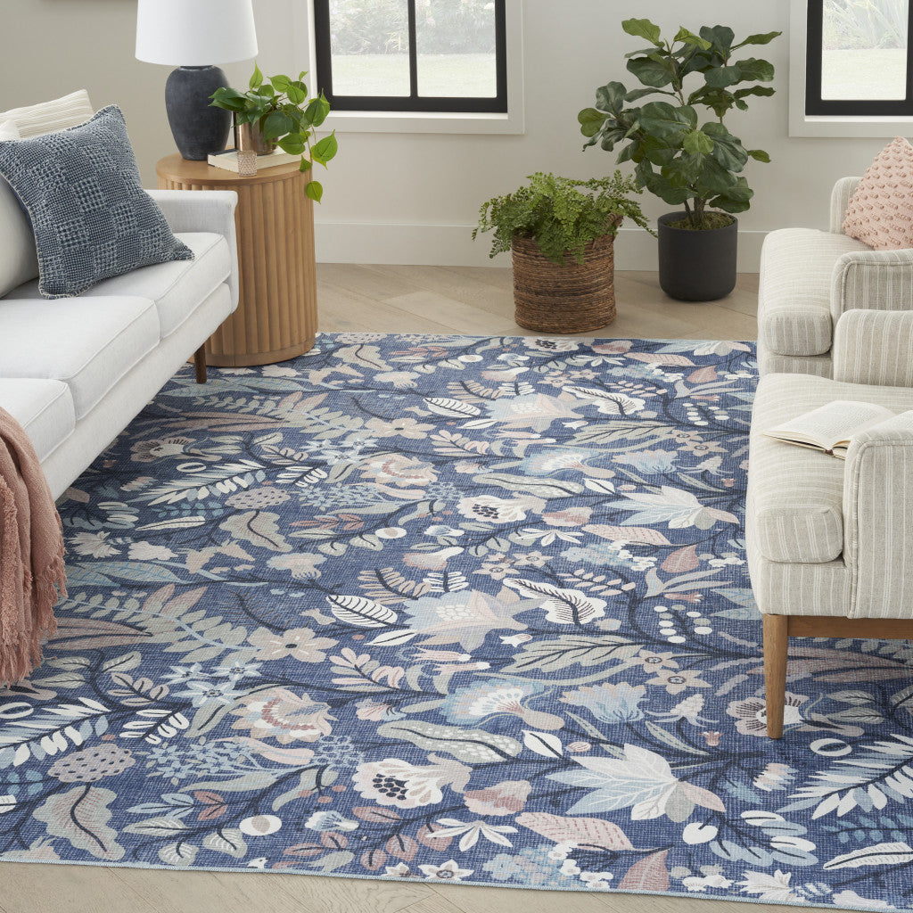 8' x 10' Blue and Off White Floral Power Loom Washable Non Skid Area Rug