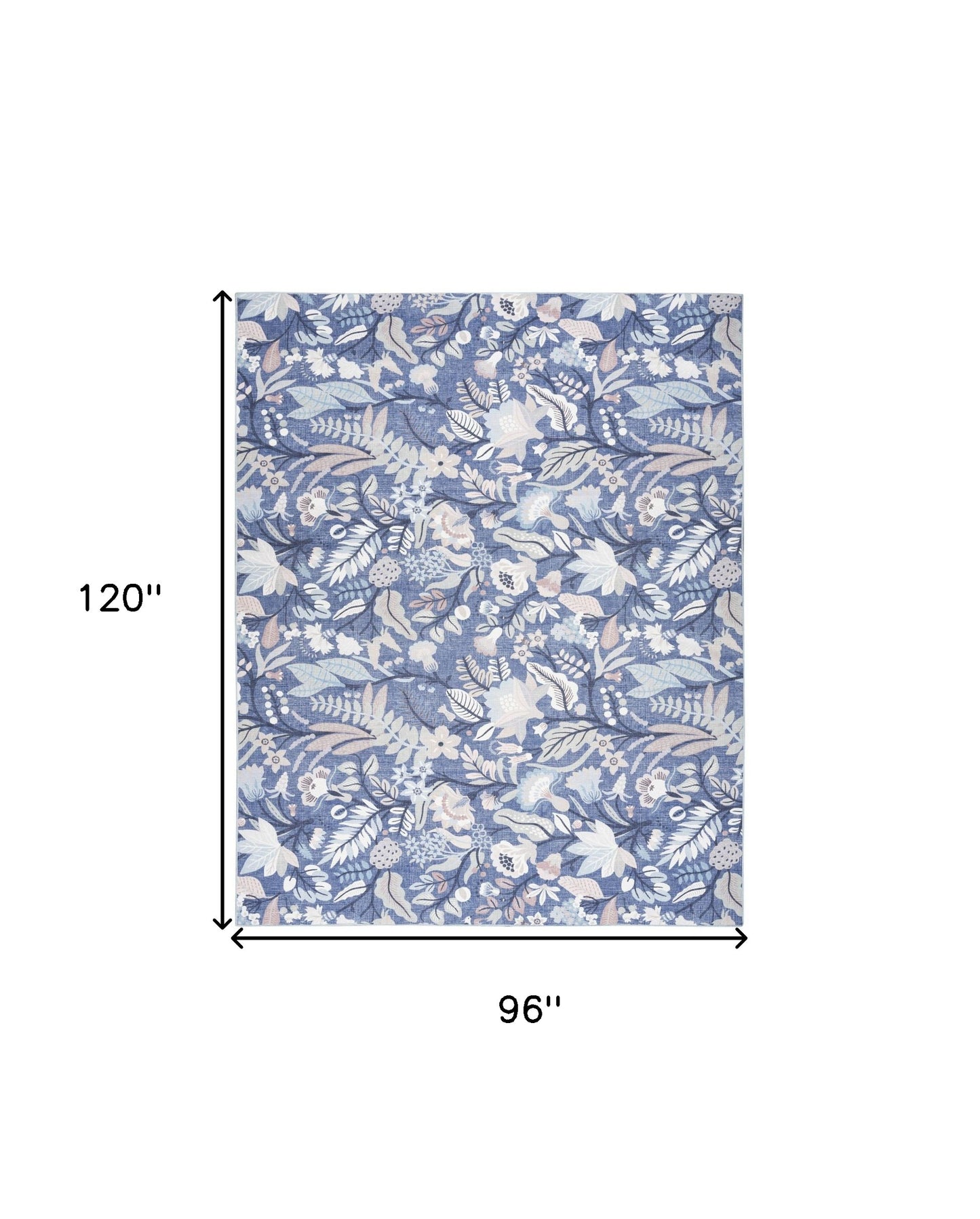 8' x 10' Blue and Off White Floral Power Loom Washable Non Skid Area Rug