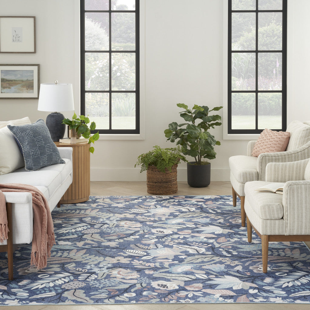 8' x 10' Blue and Off White Floral Power Loom Washable Non Skid Area Rug
