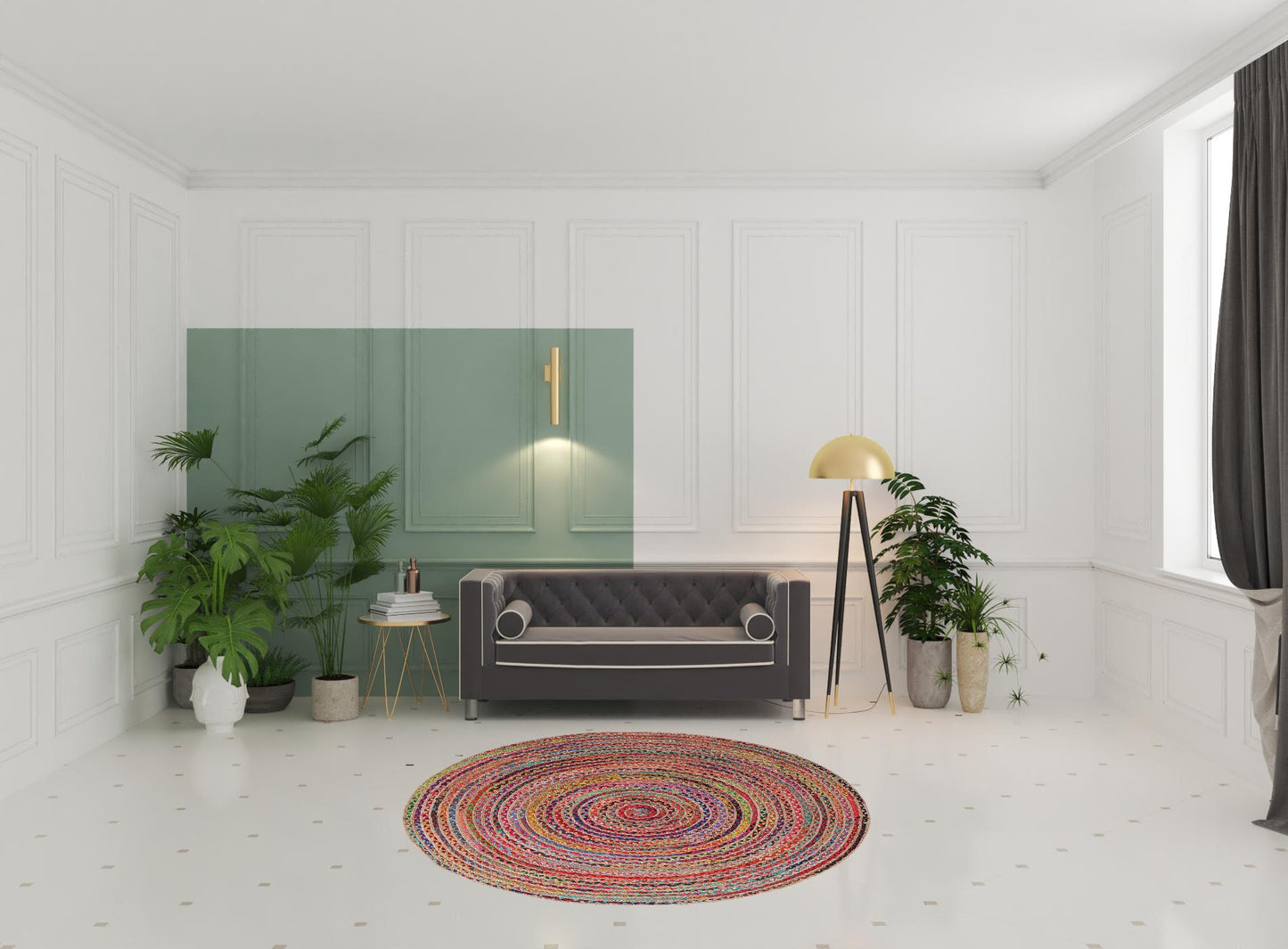 7' Tan Round Geometric Hand Braided Area Rug
