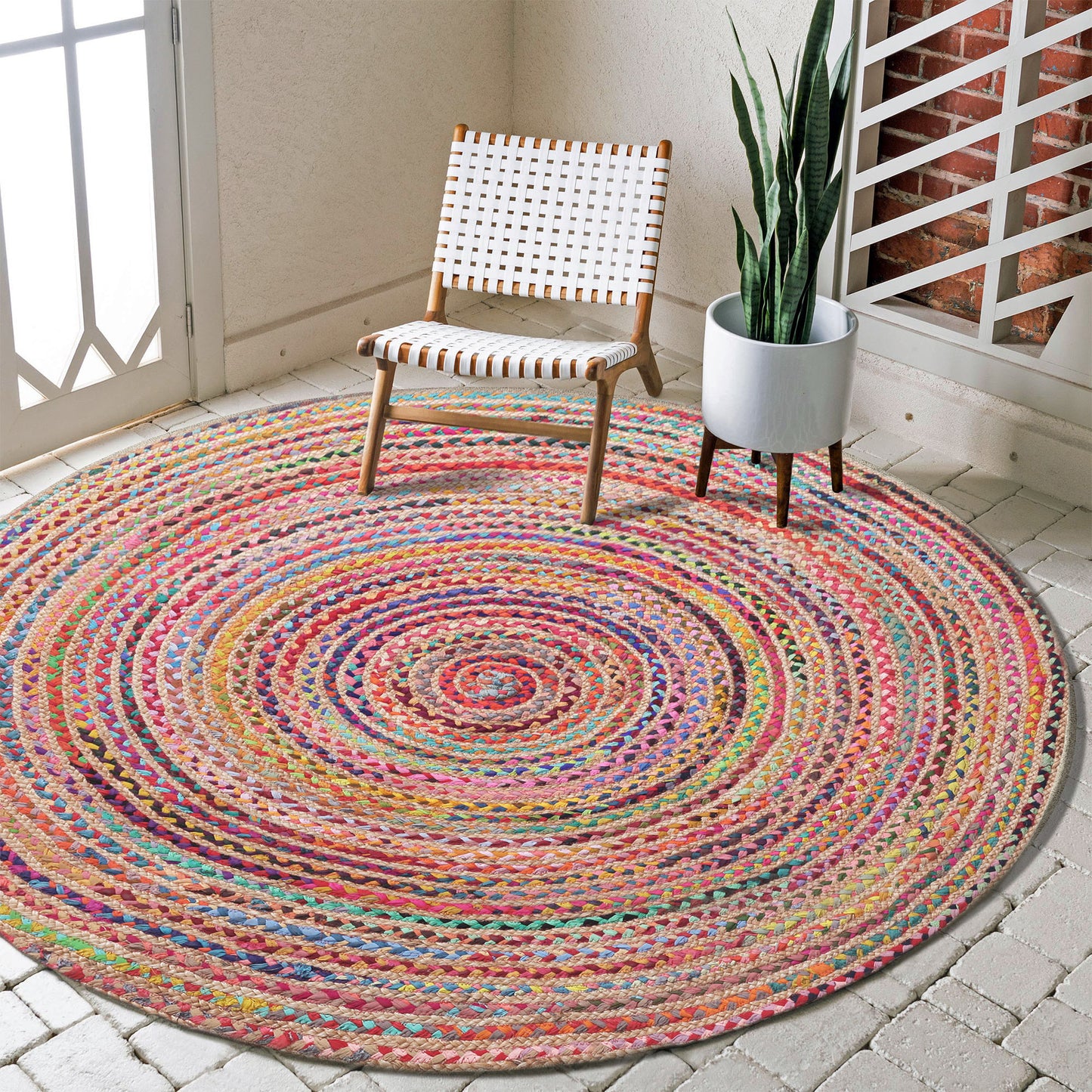 7' Tan Round Geometric Hand Braided Area Rug