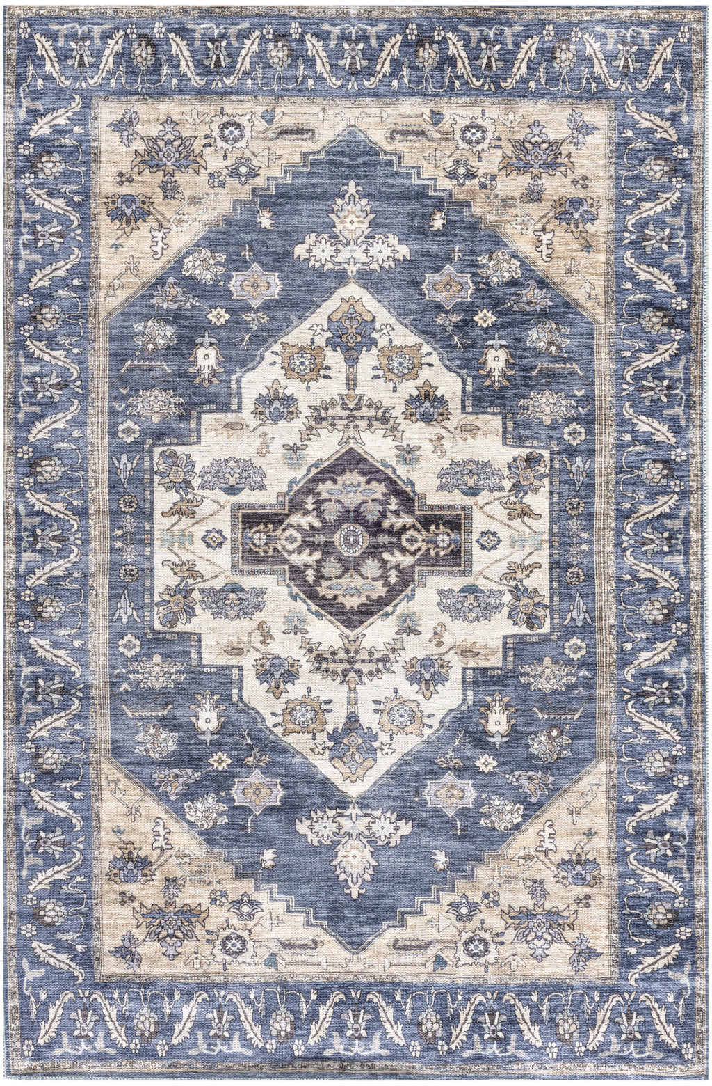 4' x 6' Blue and Beige Oriental Power Loom Distressed Washable Non Skid Area Rug
