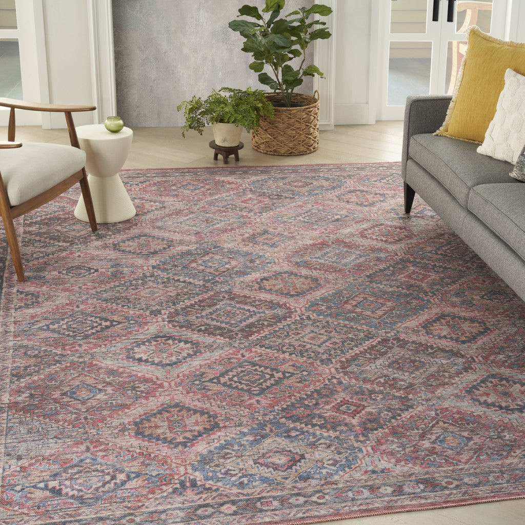 9' x 12' Blue and Red Floral Power Loom Distressed Washable Area Rug