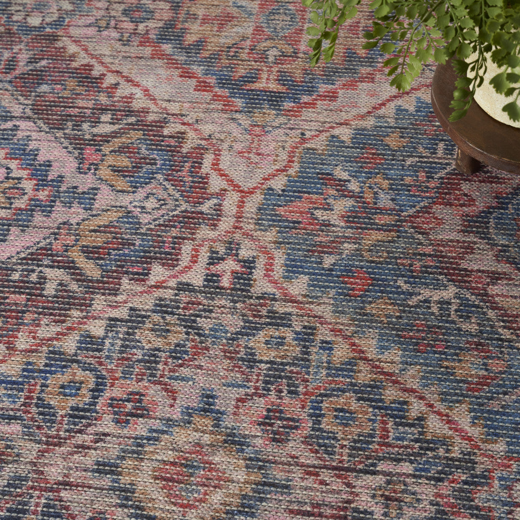 9' x 12' Blue and Red Floral Power Loom Distressed Washable Area Rug