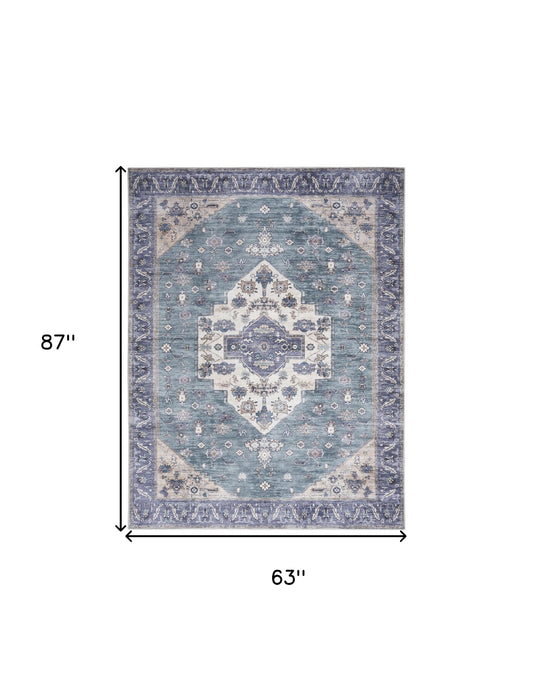 5' x 7' Blue and Green Oriental Power Loom Distressed Washable Non Skid Area Rug