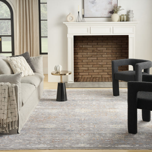 5' x 8' Gray and Ivory Oriental Power Loom Distressed Area Rug With Fringe