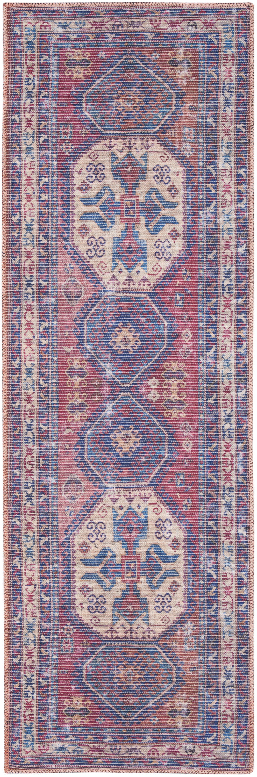 10' Blue and Red Floral Power Loom Distressed Washable Runner Rug