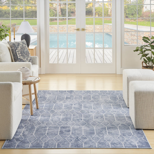 5' x 7' Blue and Off White Geometric Power Loom Washable Area Rug