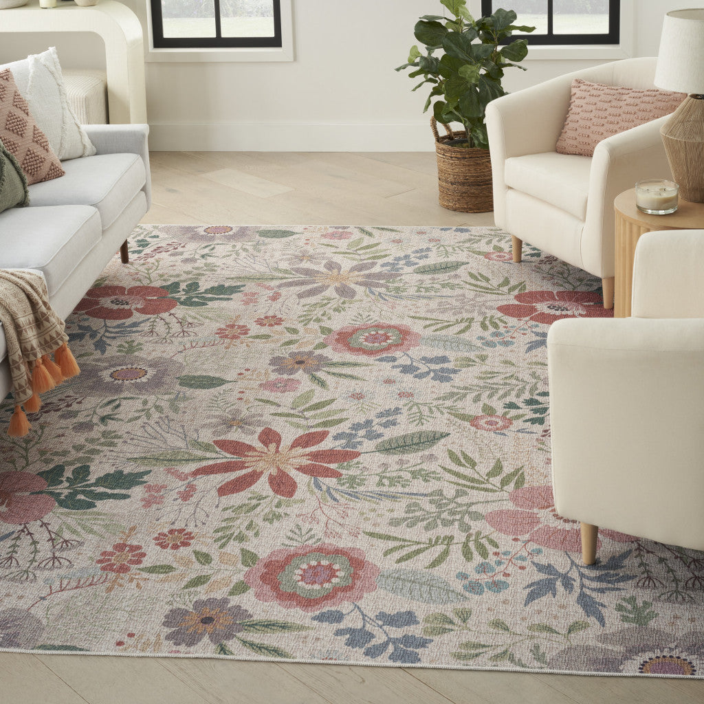 6' x 9' Ivory Green and Red Floral Power Loom Washable Non Skid Area Rug