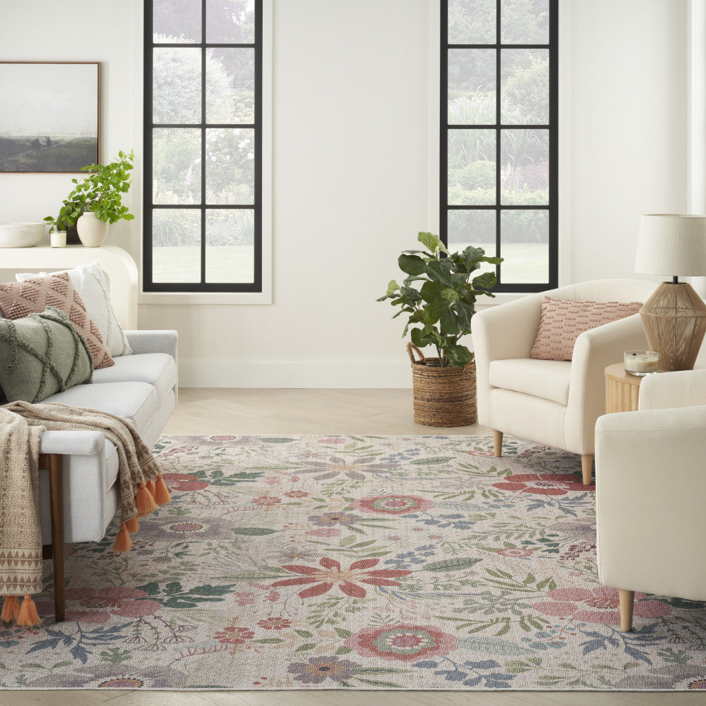 6' x 9' Ivory Green and Red Floral Power Loom Washable Non Skid Area Rug