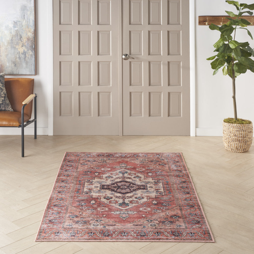 4' x 6' Blue and Red Oriental Power Loom Distressed Washable Non Skid Area Rug