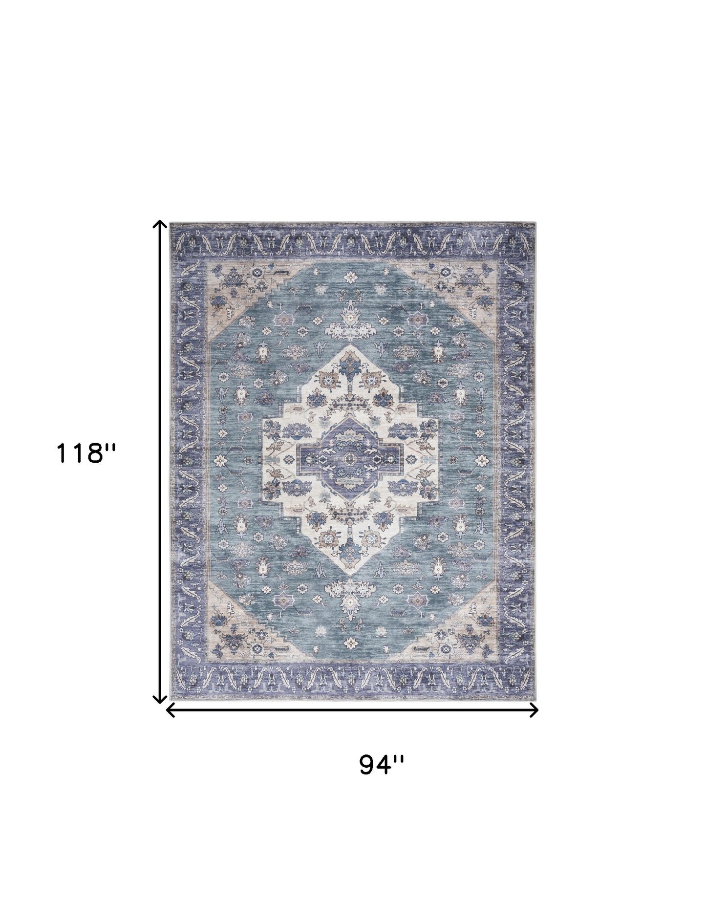 8' x 10' Blue and Green Oriental Power Loom Distressed Washable Non Skid Area Rug