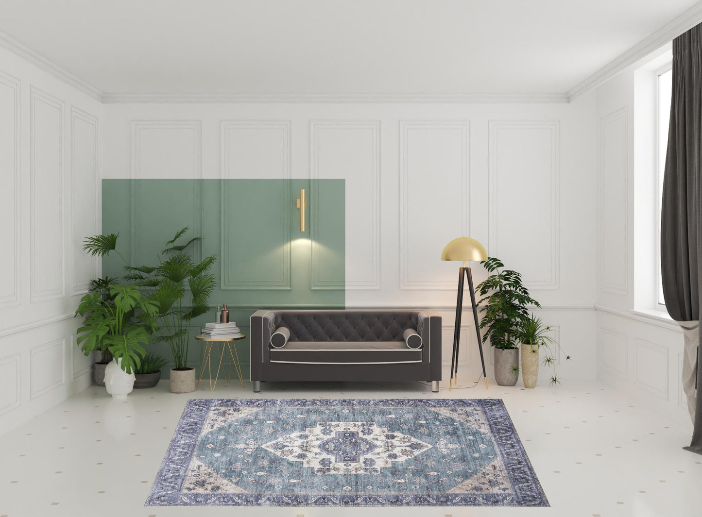 8' x 10' Blue and Green Oriental Power Loom Distressed Washable Non Skid Area Rug
