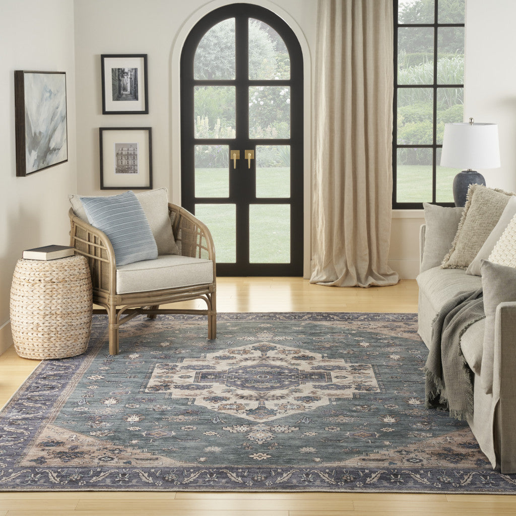 8' x 10' Blue and Green Oriental Power Loom Distressed Washable Non Skid Area Rug